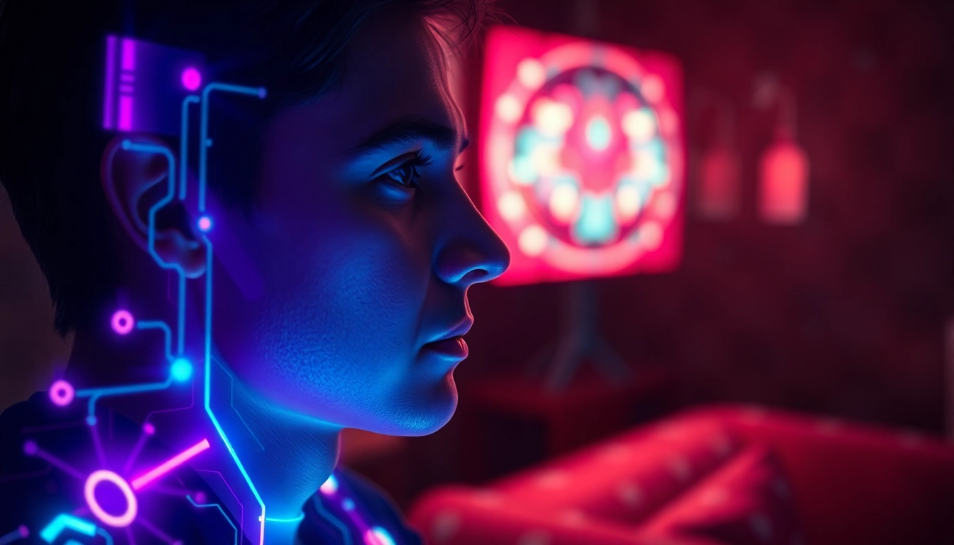 Close-up of a person interacting with a glowing AI holographic interface in a futuristic room.