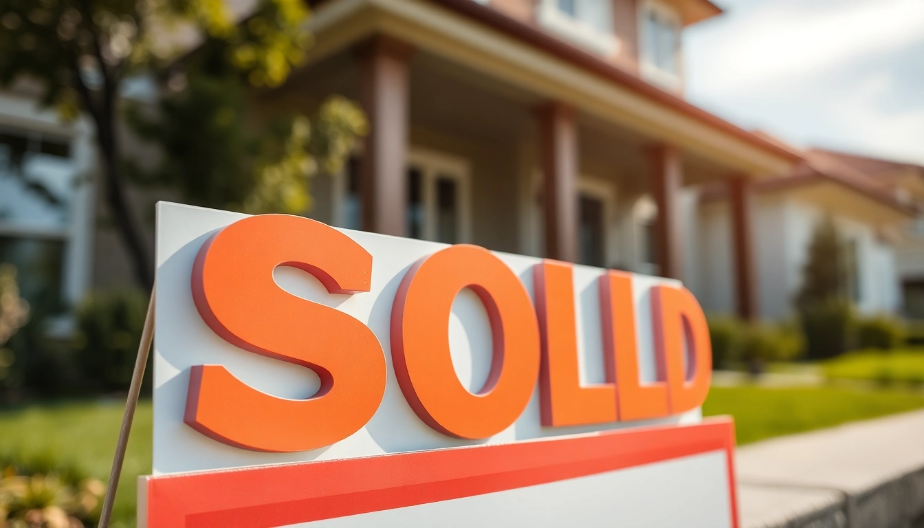 Bright sold sign with bold red lettering on a residential property, attracting attention and signaling sale completion.