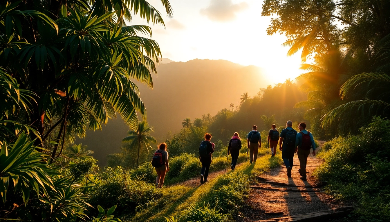 Guided trek through verdant jungle landscape with hikers led by a knowledgeable guide, showcasing adventure and natural beauty.