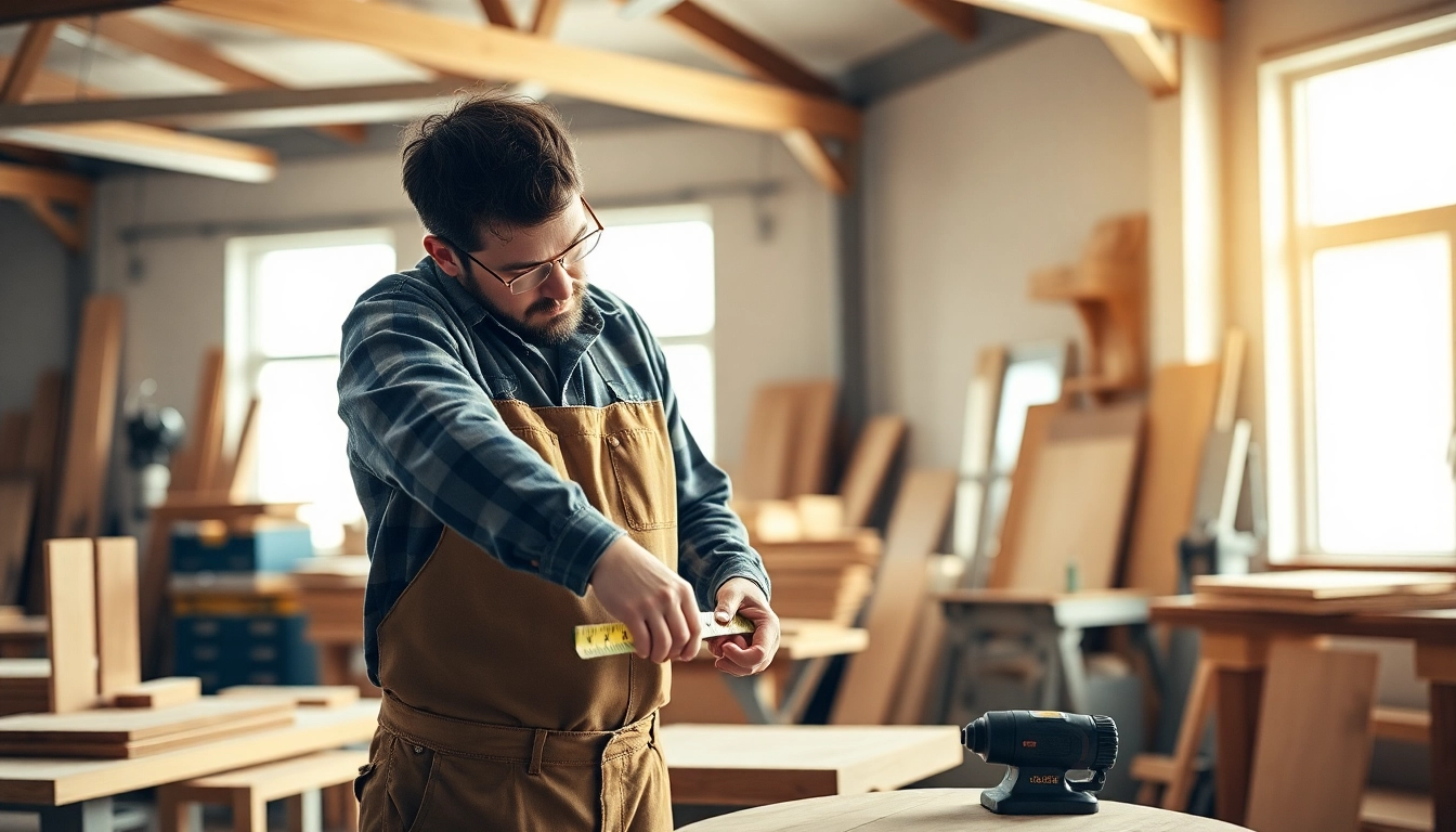 Carpenter measuring wood accurately using tools in a well-lit workshop, showcasing expert craftsmanship and attention to detail.