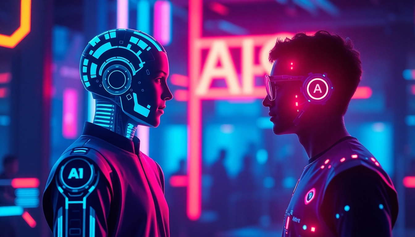 Engaging scene illustrating human or not ai conversation with a human and AI silhouette, highlighting interaction and distinction