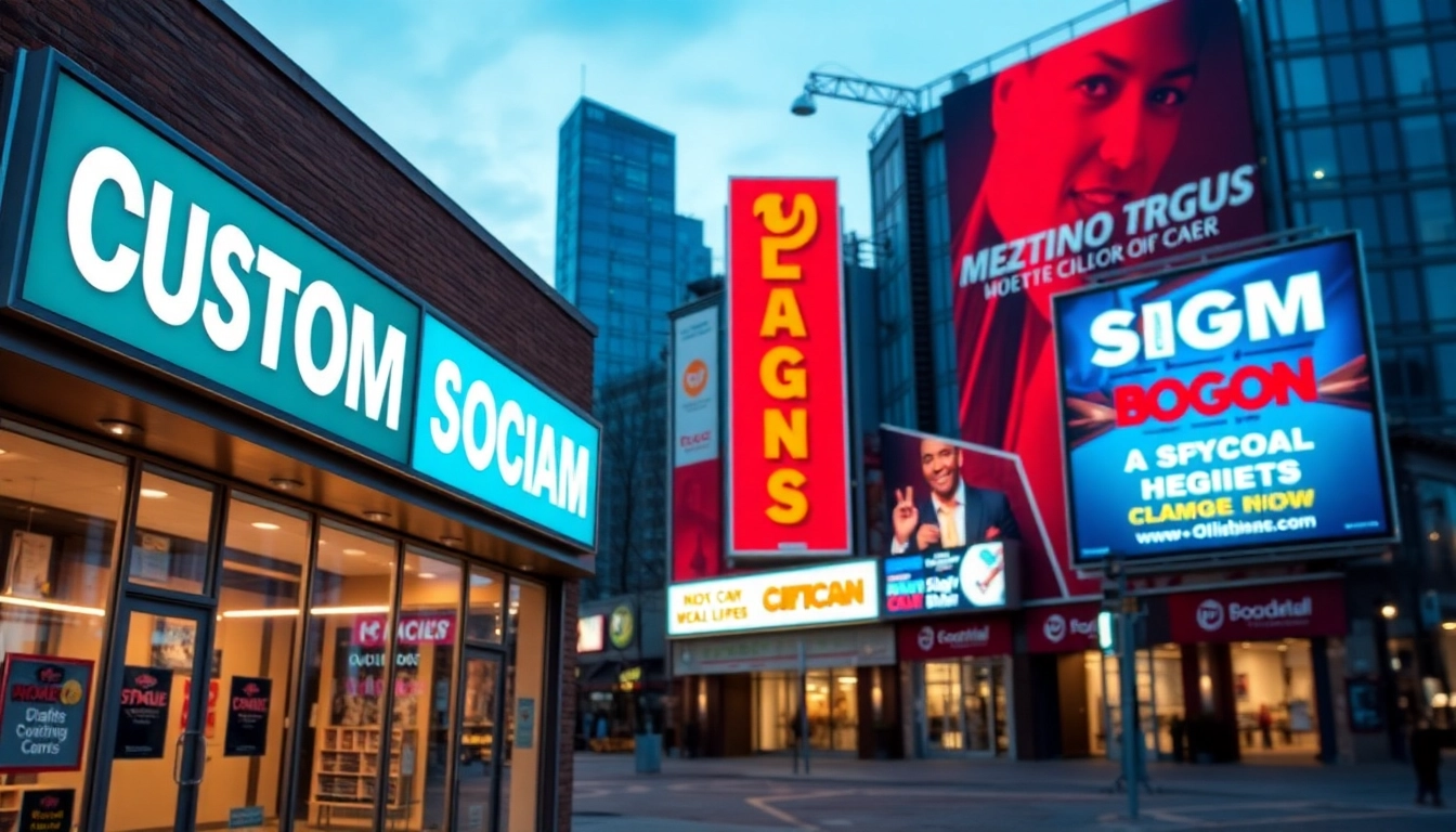 Custom signs in vibrant outdoor settings showcasing durability and eye-catching design to attract customers effectively.