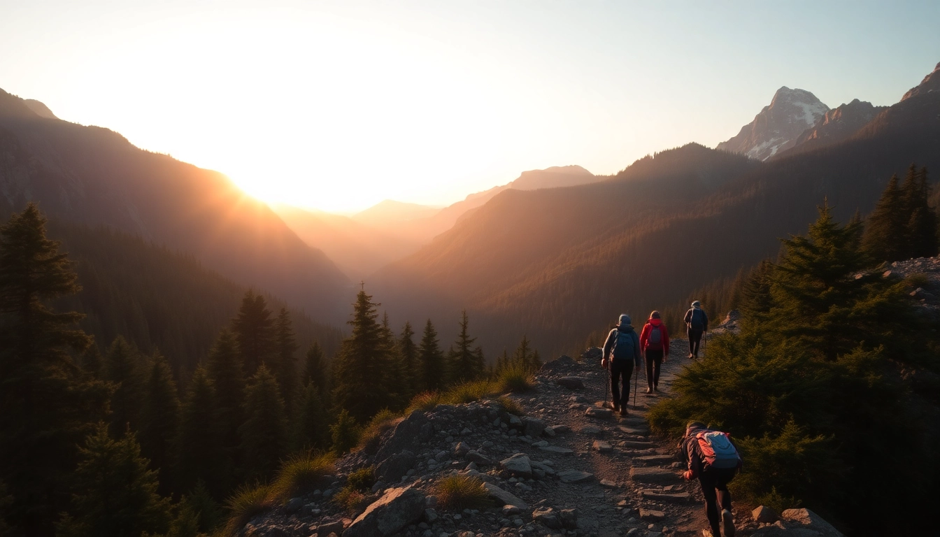 Trekking in Indonesia: group of hikers exploring rainforest trails with backpacks, scenic lush environment, vibrant and engaging.