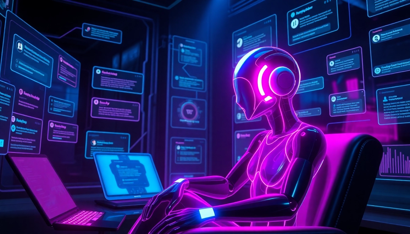 Futuristic AI interface with glowing humanoid avatar and holographic screens in a dark high-tech setting.