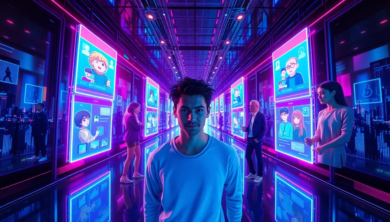 Futuristic digital environment with social media holograms and fandom characters in a vibrant virtual scene.
