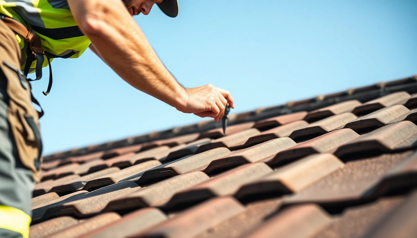 Professional roofing team performing roof repairs on a residential property with safety gear and new tiles for lasting protection