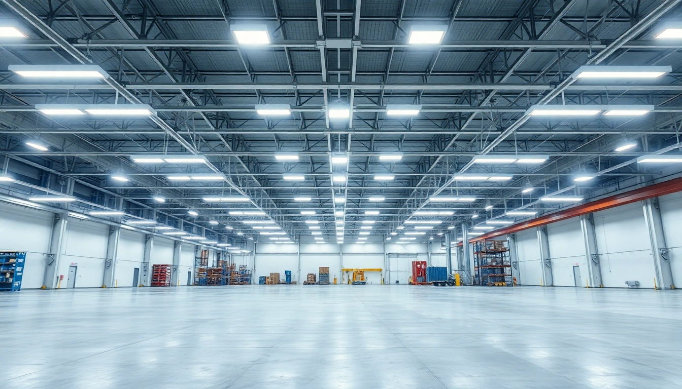 Moderne LED-Industriehallenbeleuchtung in einer großen Produktionshalle