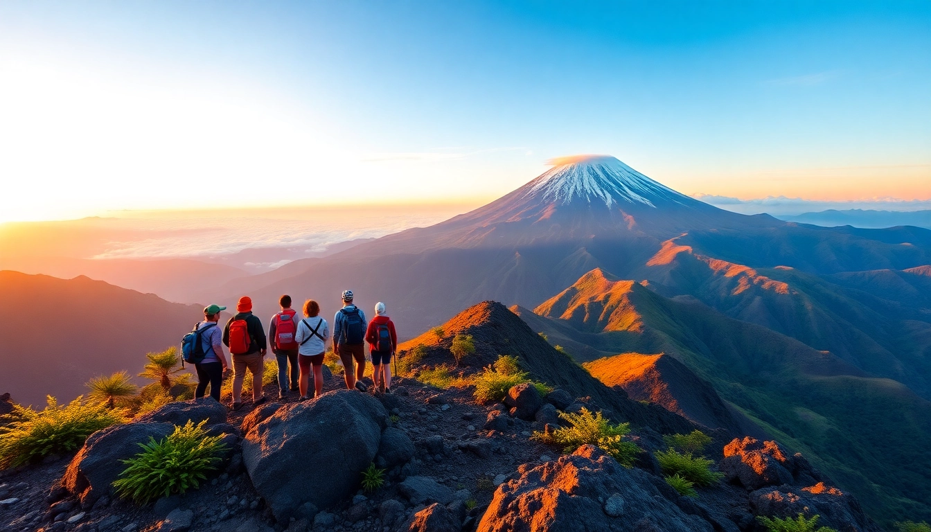 Hikers admiring Mount Rinjani at sunrise with lush landscape and vibrant sky.
