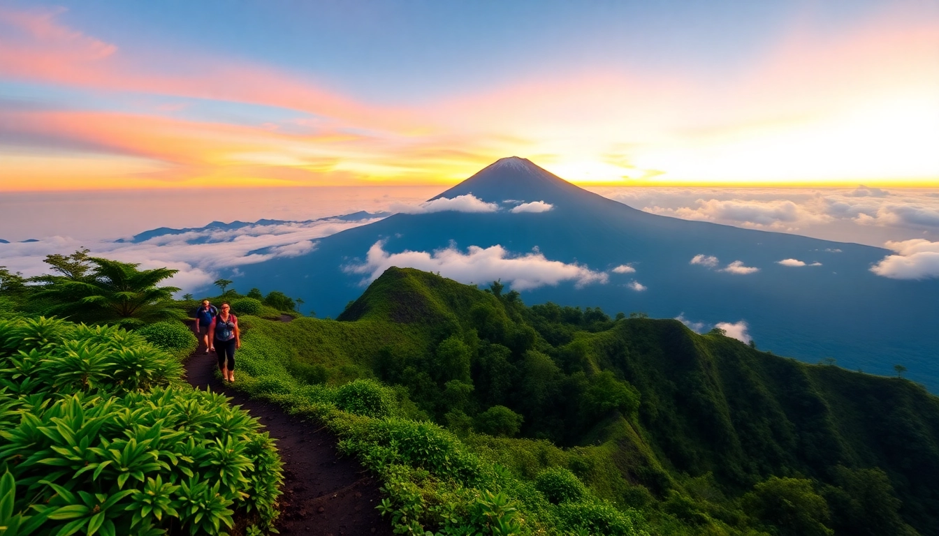 Sunrise view of Mount Rinjani with hikers on the trail amidst lush greenery and mist.