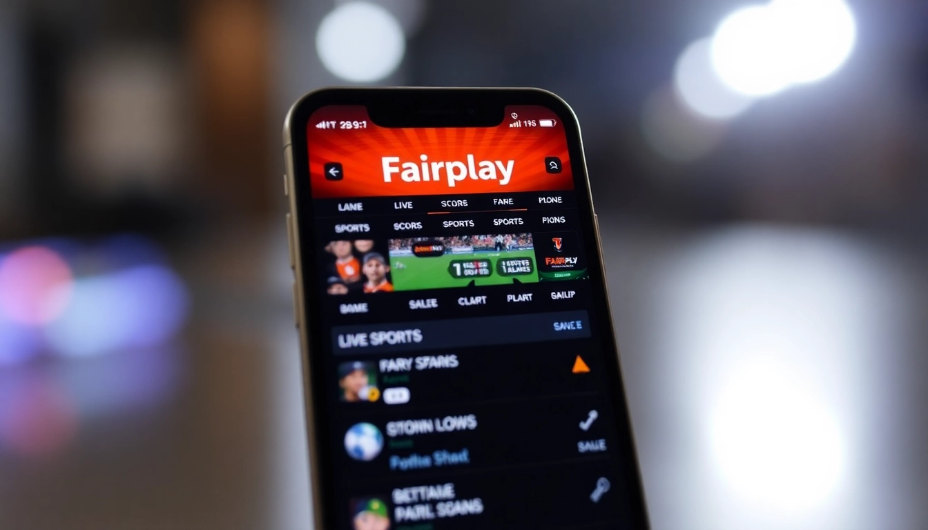 Fairplay app interface on smartphone highlighting live sports betting, quick deposit options, and promotional banners in vibrant colors, emphasizing user-friendly design and accessibility.