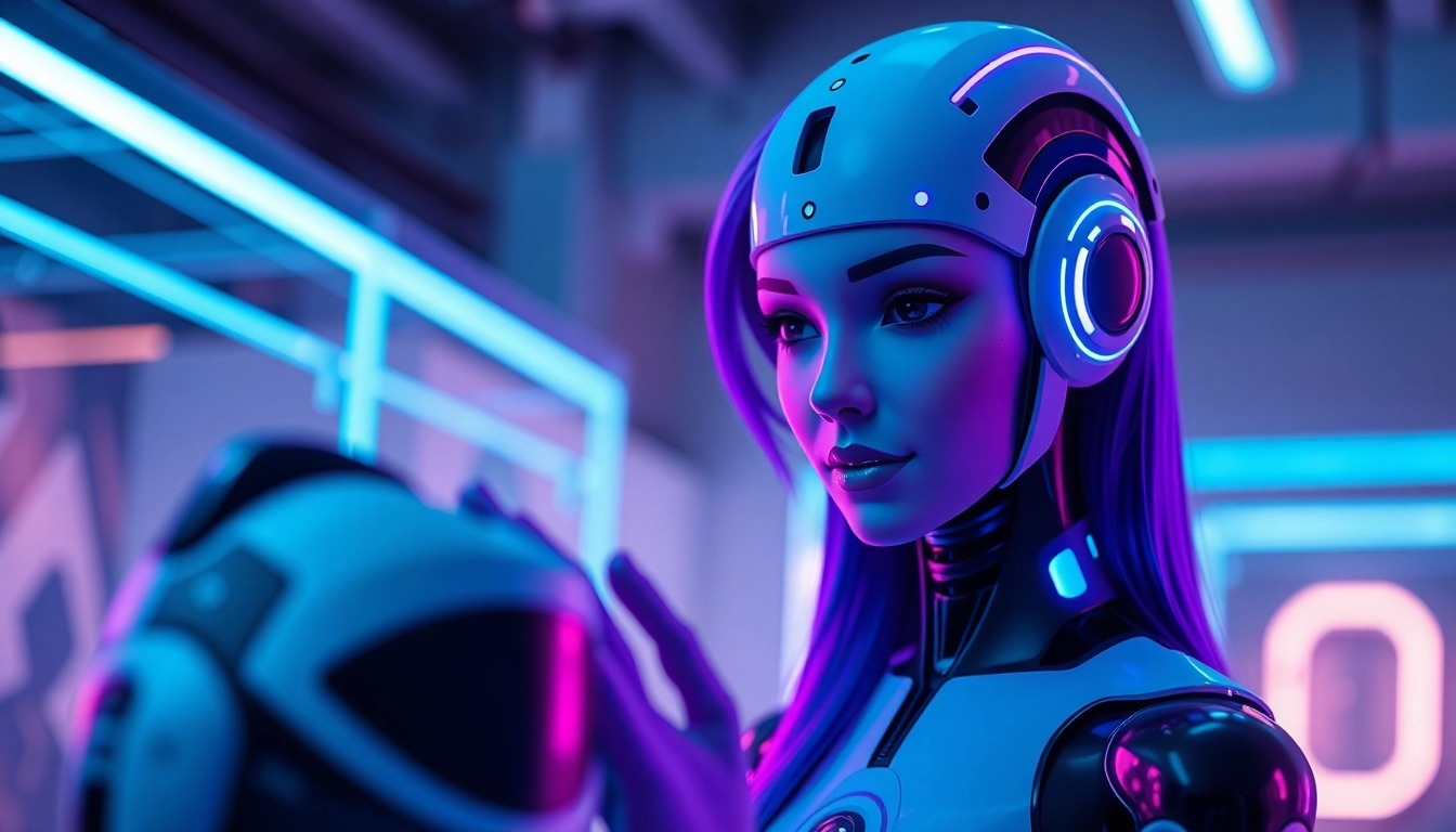 AI sex illustration showing a realistic humanoid robot engaged in intimate conversation with a user, emphasizing advanced design and emotional connection, conveying modern AI intimacy.