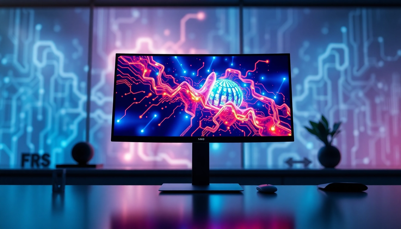 A futuristic workspace with a computer monitor displaying AI-generated images, symbolizing advanced image editing technology.