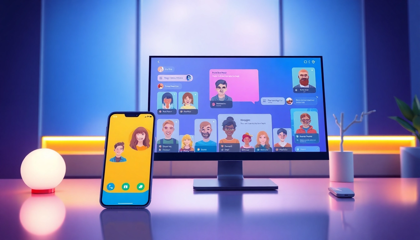 Illustration of a futuristic chat interface with customizable AI characters on devices in a modern setting.