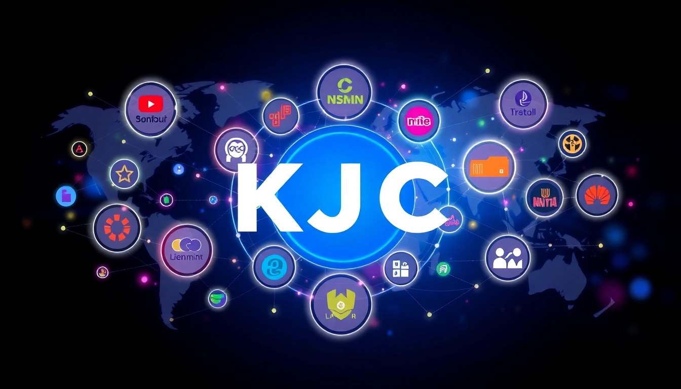 Liên minh KJC logo with dynamic global network graphics symbolizing international entertainment collaboration and technological innovation.