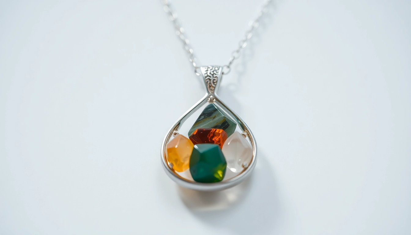 Close-up of a natural stone necklace showcasing colorful gemstones with intricate setting,